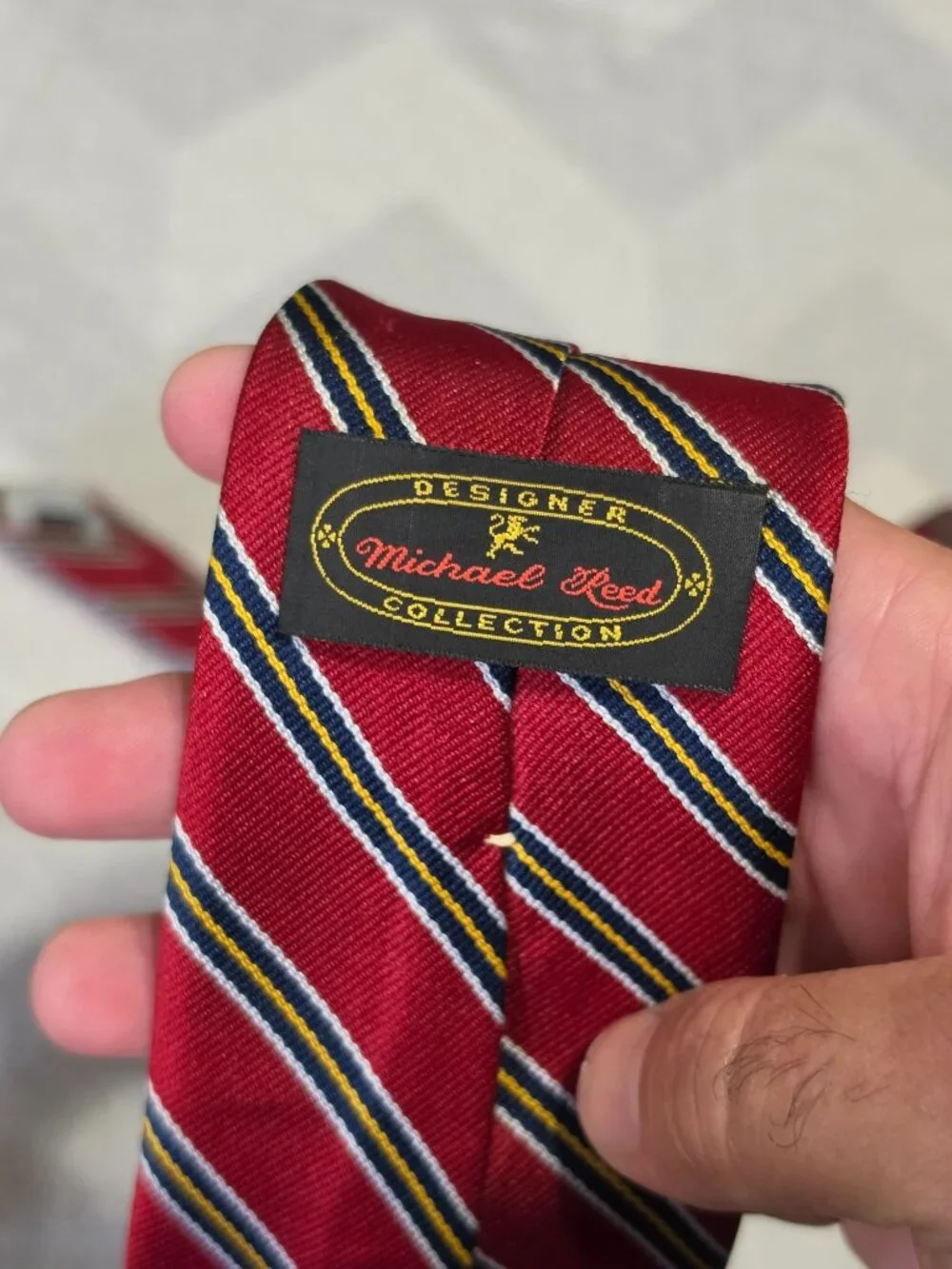 Michael Reed Designer Collection Red Striped Tie With Yellow & Navy Accents 100%